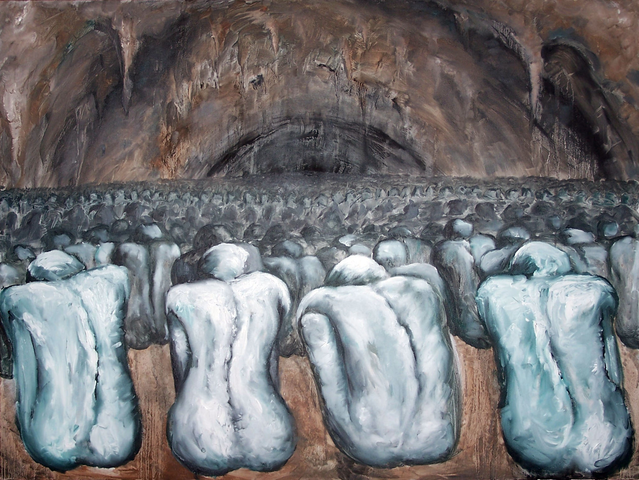 Abstract painting of many women, crouching